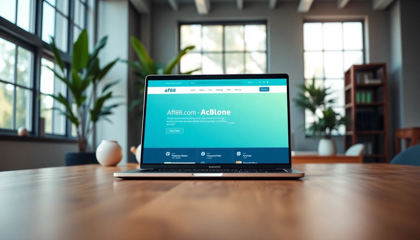 Showcase the homepage of af88.com on a sleek laptop in a modern office setting.