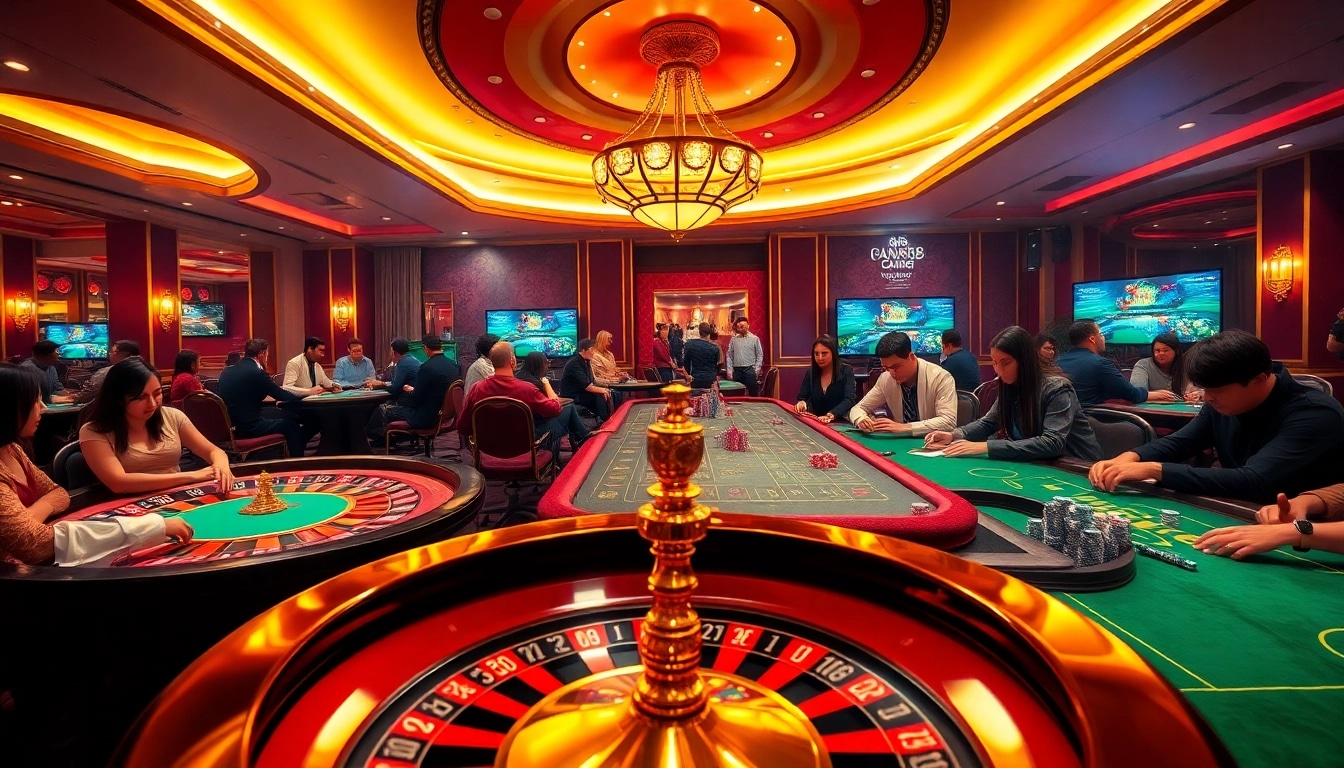 Exciting scene of gambling at link rr88 with players at poker tables and a roulette wheel.