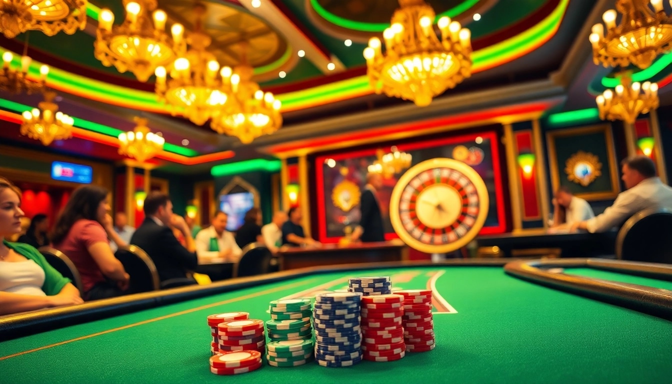 Jouez à des jeux passionnants au meilleur casino en ligne, avec une table de poker vibrante et une roue de roulette.