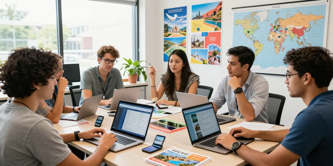 Travel agency software showcased in an interactive team brainstorming session with vibrant travel posters.