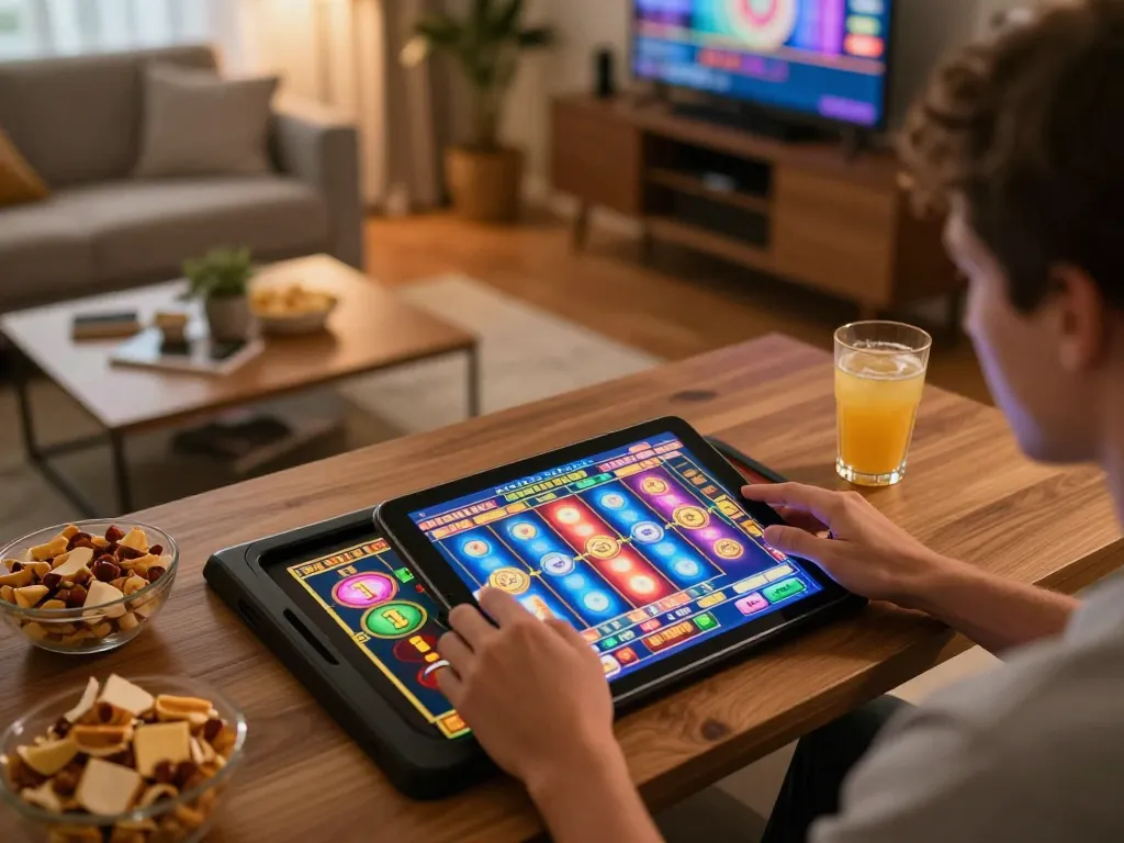 Engaging online gaming experience at Nhà cái MM88, with vibrant slot game visuals on tablet.
