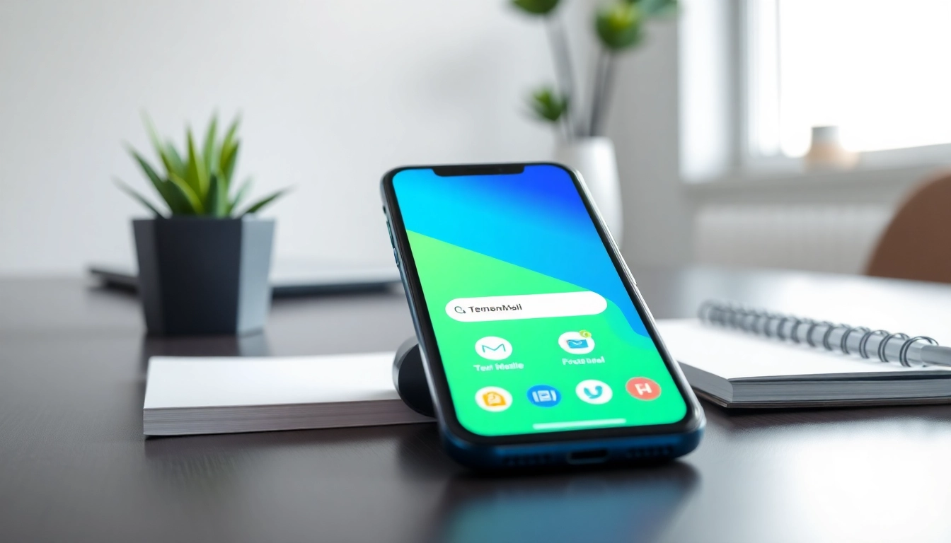 Explore the features of the temp mail app displayed on a smartphone in a stylish office.