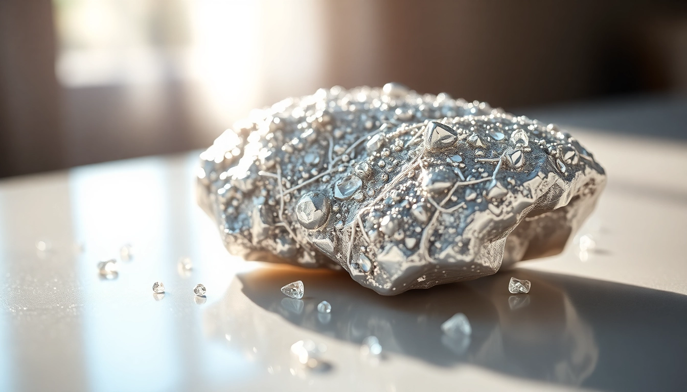 Discover minerals rhodium in a detailed close-up of polished metal reflecting light with diamond accents.