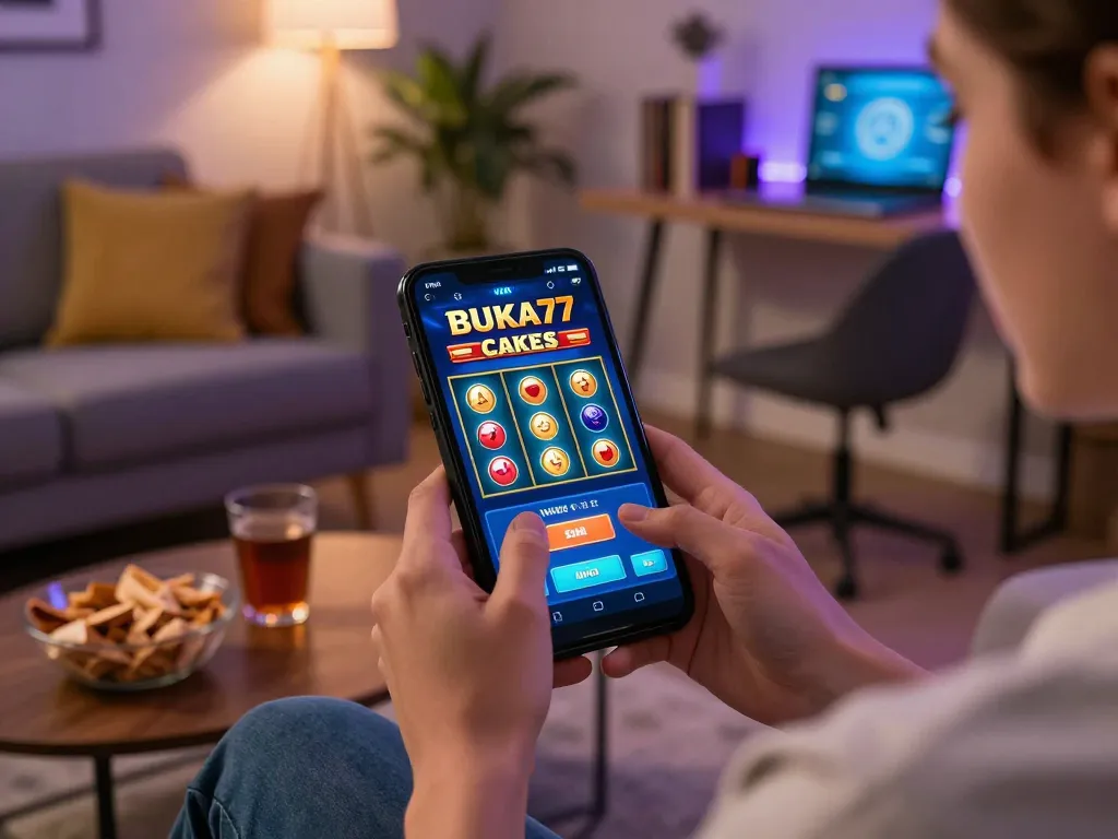 Engaging in BUKA77 mobile casino gaming, showcasing an exciting betting moment at home