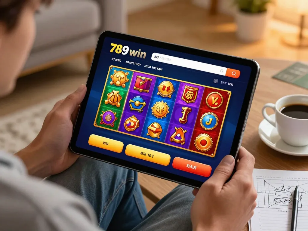 Engaging online gameplay with the 789win link mới, showcasing vibrant slot visuals and a cozy gaming setup.