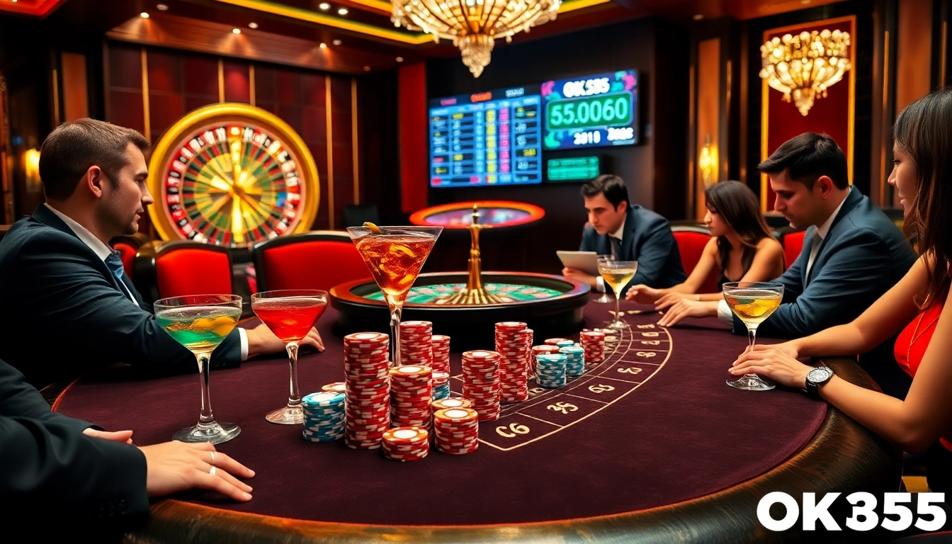 Exciting poker game at OK365 casino with colorful chips and players.