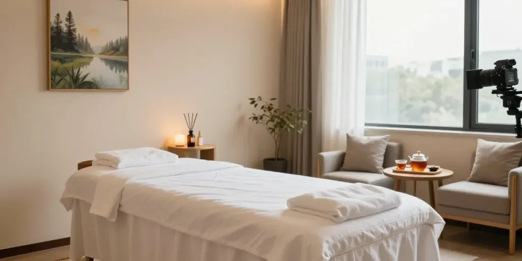 파주출장마사지 serene massage room with calming ambiance and wellness setup.