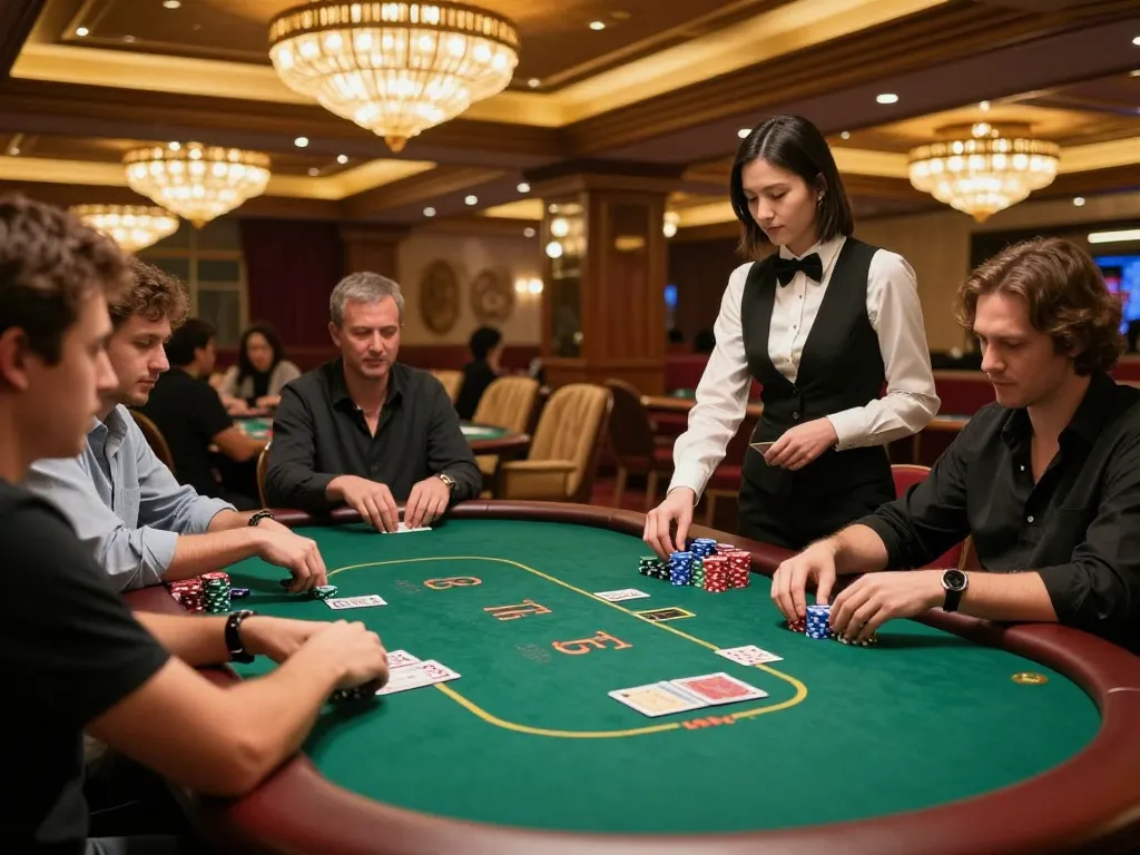 Engaged players enjoying a thrilling game of poker at RR88's sophisticated casino table.