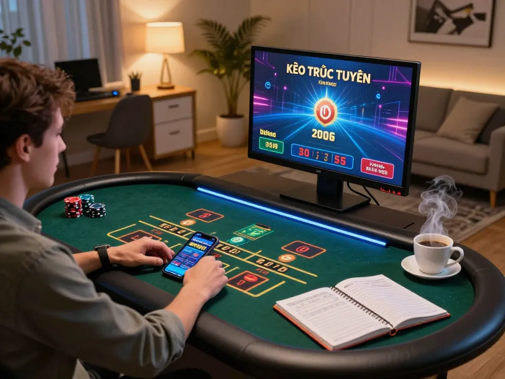 KÈO TRỰC TUYẾN online gaming setup with live dealer table and strategic notes.