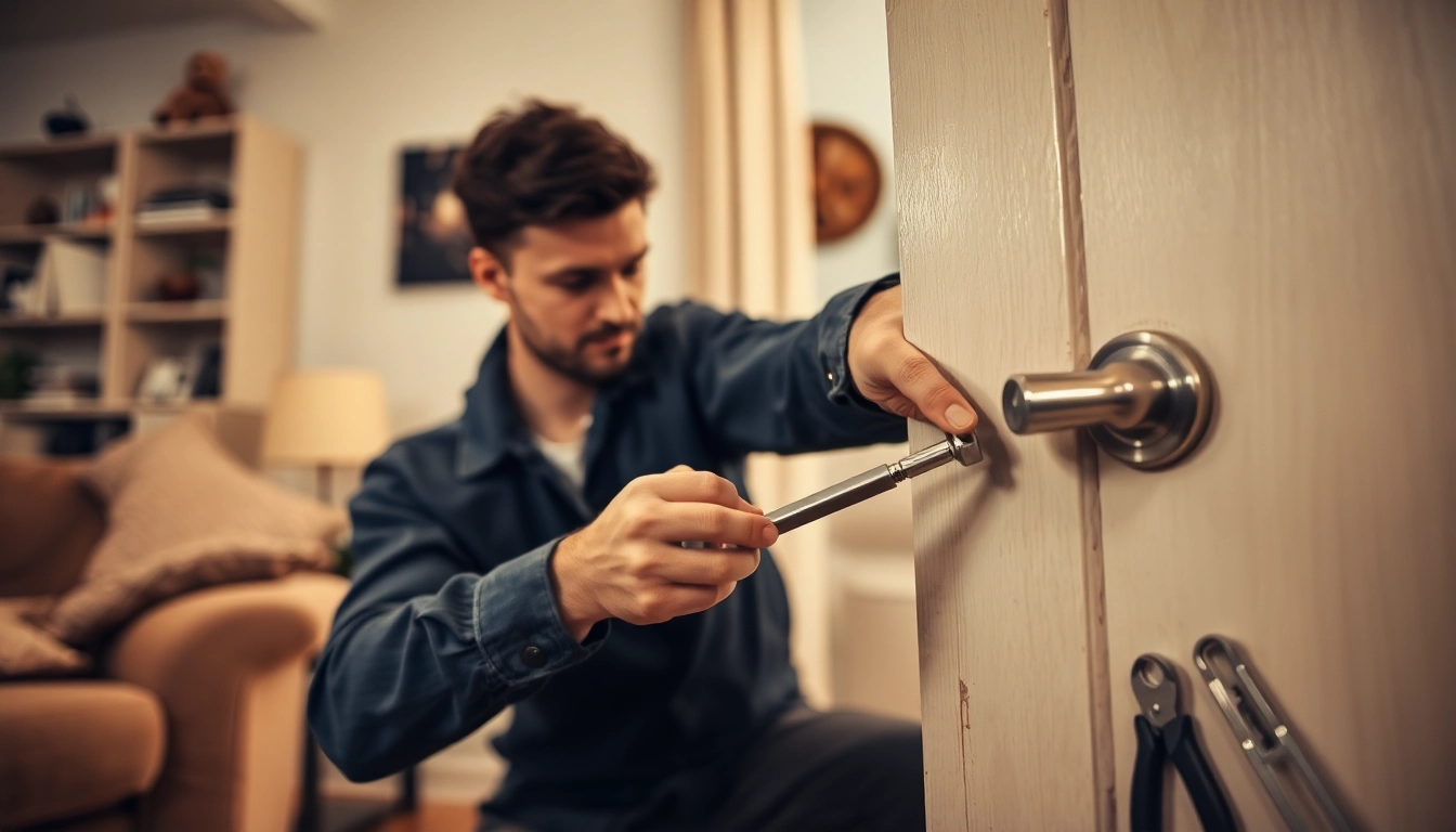 Locksmith near me expertly repairing a door lock in a cozy home environment.