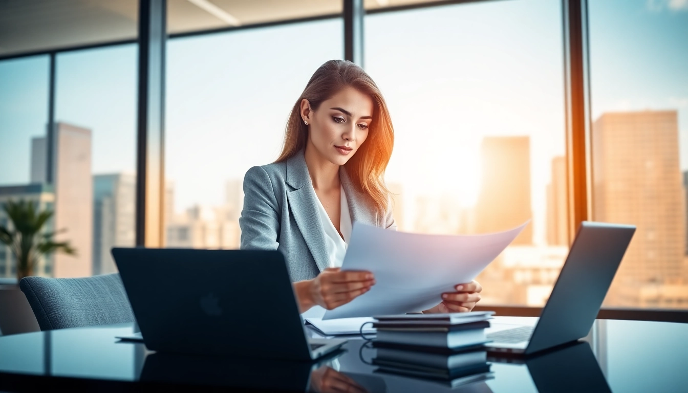 Analyze Federal and State contracts in a modern office setting with a professional atmosphere.