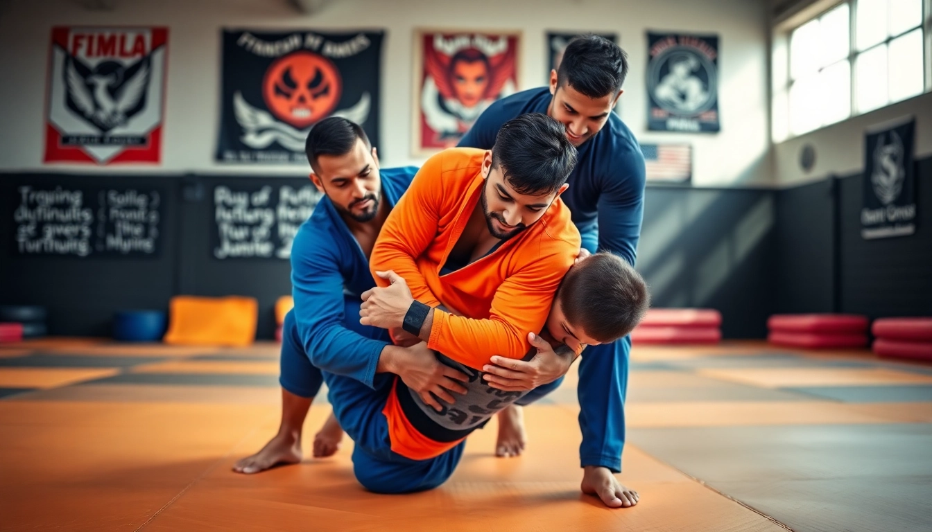 Action shot of athletes in BJJ Rash Guard Sets showcasing training intensity and teamwork in a gym.