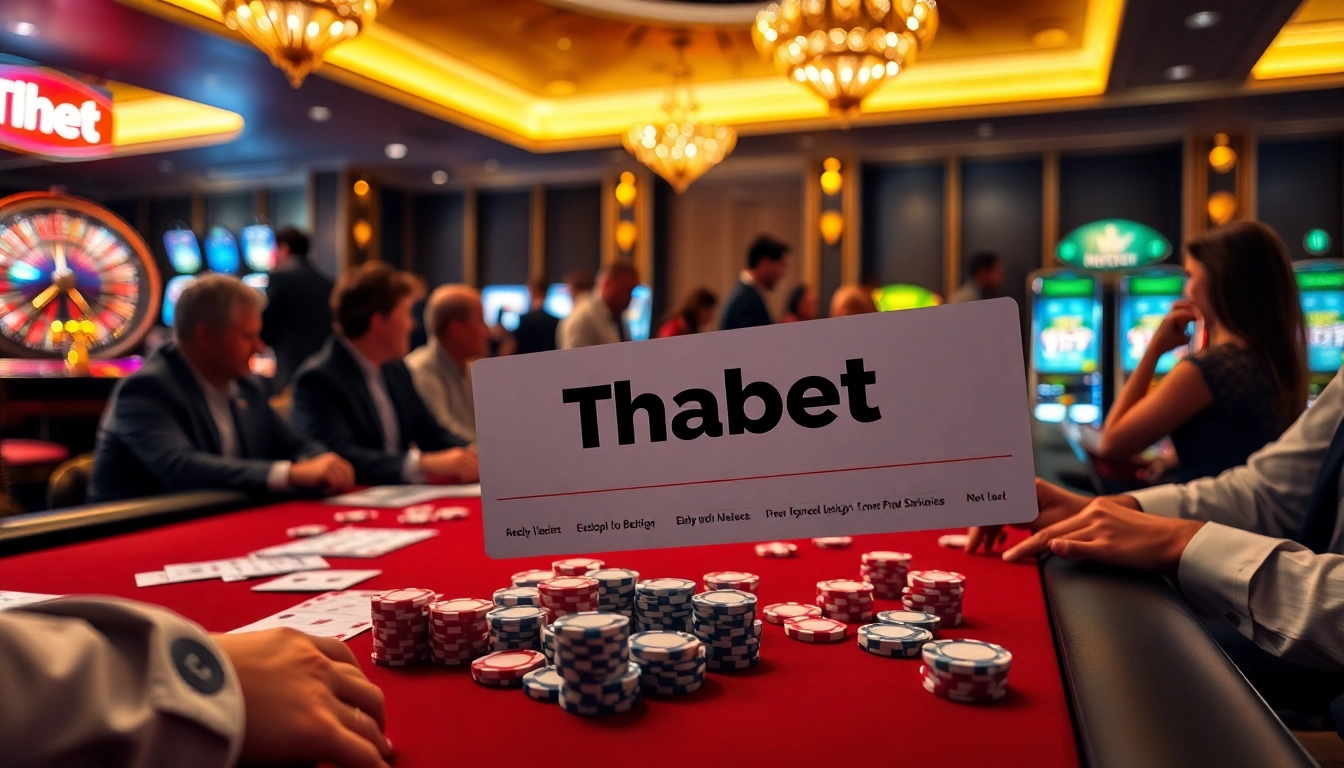 A bustling casino scene featuring Thabet betting slips, poker tables, and excited players engaging in various games.