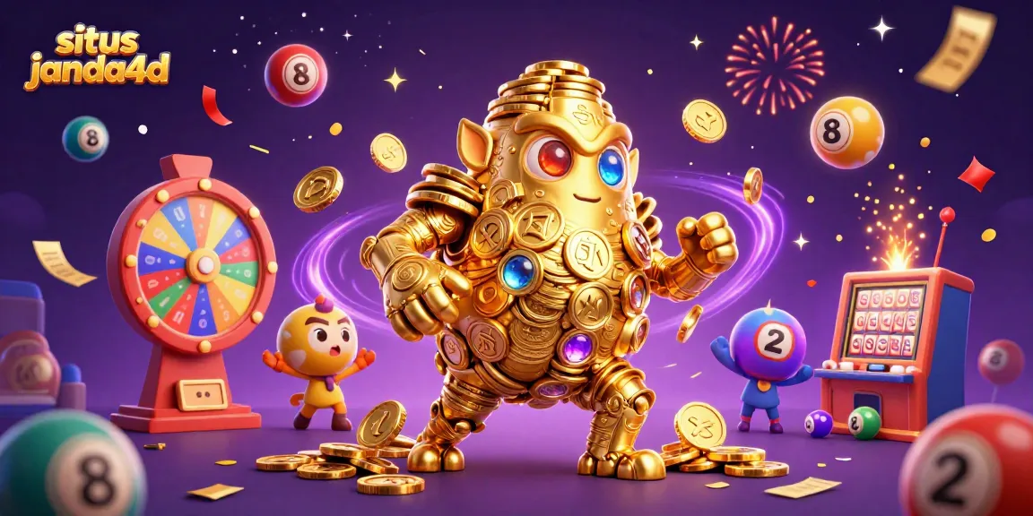 Melihat situs janda4d saat golem emas kuno beraksi dikelilingi bola lotere berwarna-warni.