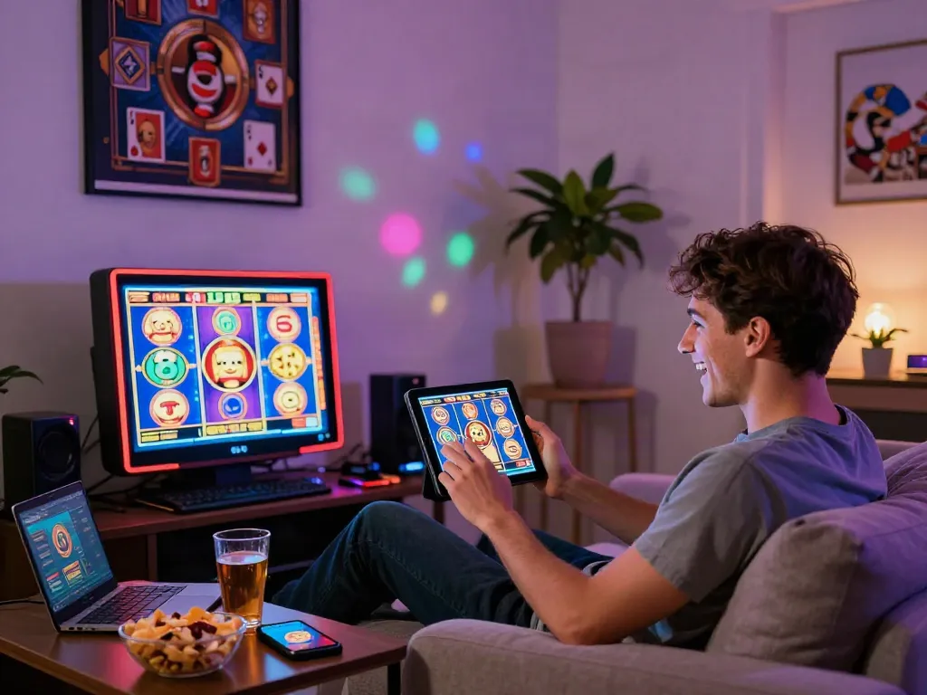 Young man enjoying DJARUMBOS LINK ALTERNATIF on a tablet in a cozy gaming environment.