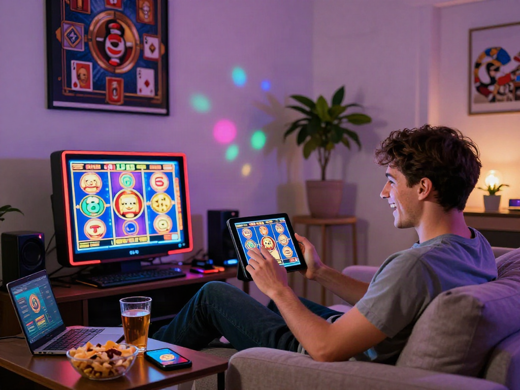 Young man enjoying DJARUMBOS LINK ALTERNATIF on a tablet in a cozy gaming environment.