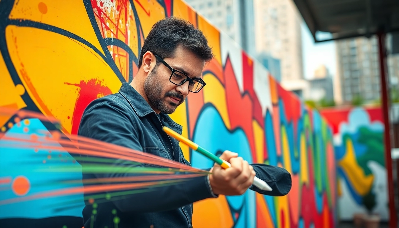 Painter involved in a painting apprenticeship, creating a colorful mural in an urban environment.