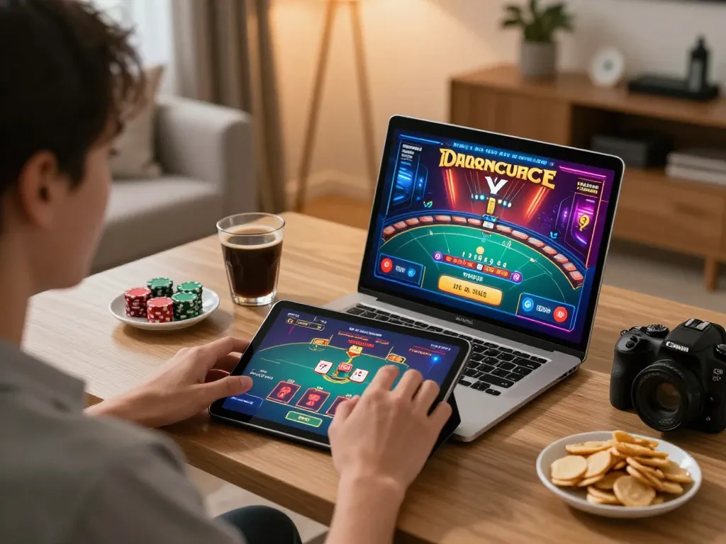 Experience excitement at home with online gaming Tại đây, showcasing tablet gameplay and cozy atmosphere.