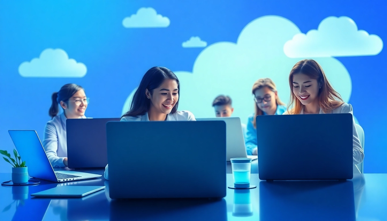 Understand SaaS through a dynamic digital workspace showcasing collaboration among professionals.
