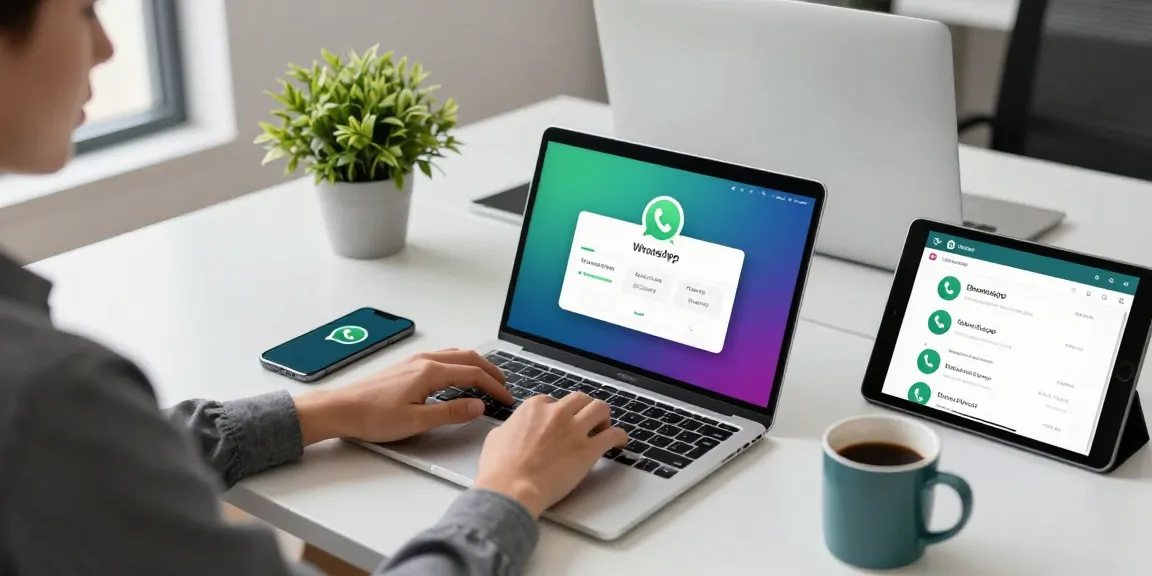 WhatsApp下載 process shown on laptop with smartphone and tablet in modern workspace.