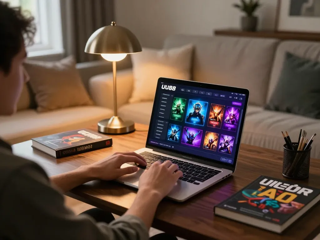 Person engaged in online gambling at home using UU88, laptop displaying betting interface and strategy books visible