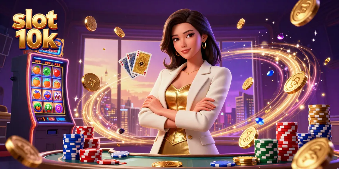 Experience excitement with slot 10k as a glamorous woman showcases her skills in a vibrant casino atmosphere.