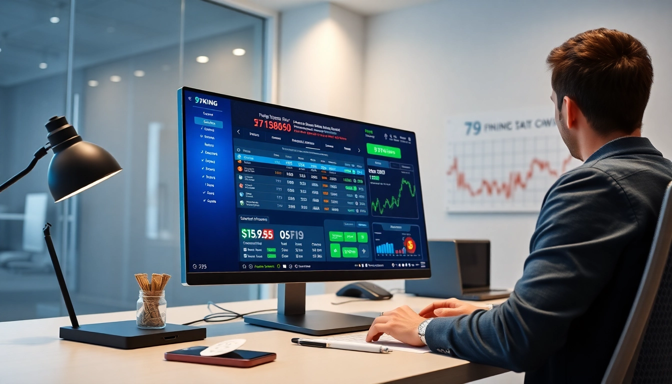 Dynamic scene of online betting with 79king branding, showcasing a secure digital platform in a modern workspace, emphasizing trust and innovation in 2025.