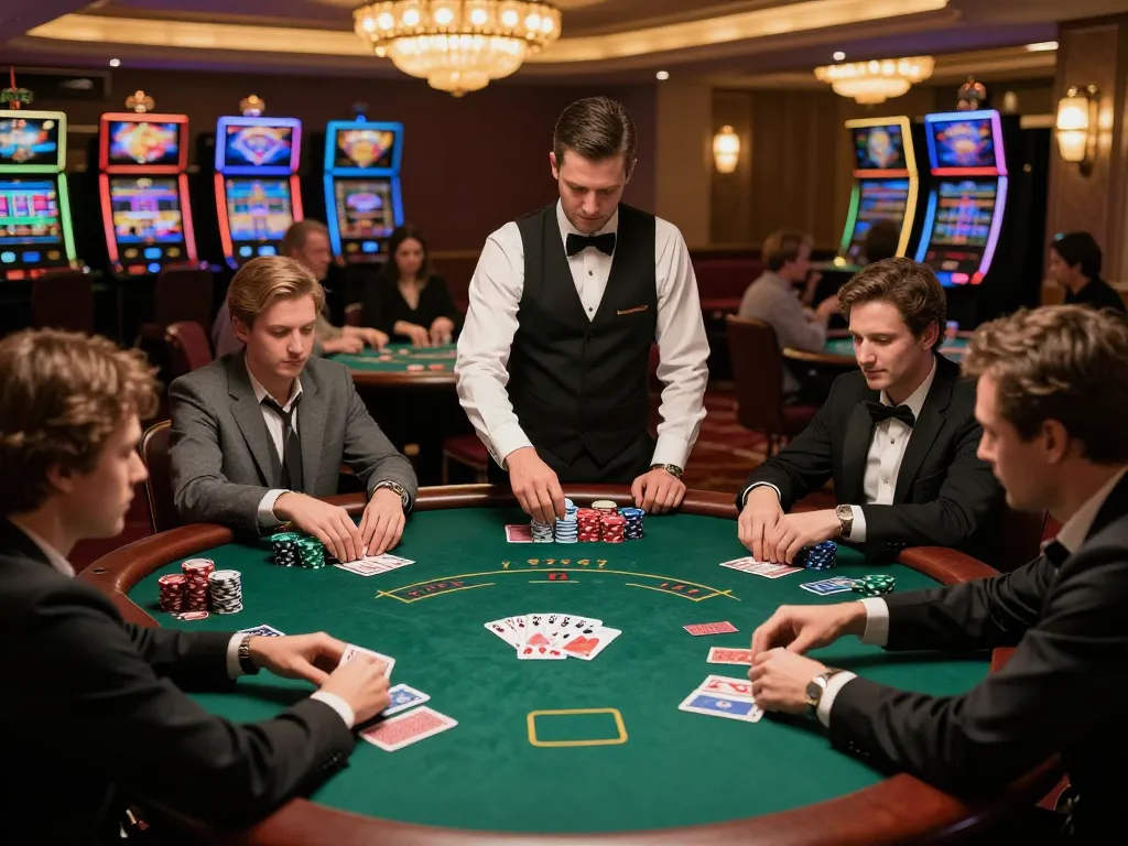 Luck8 players strategizing in an upscale poker game with focused intensity and atmospheric lighting.