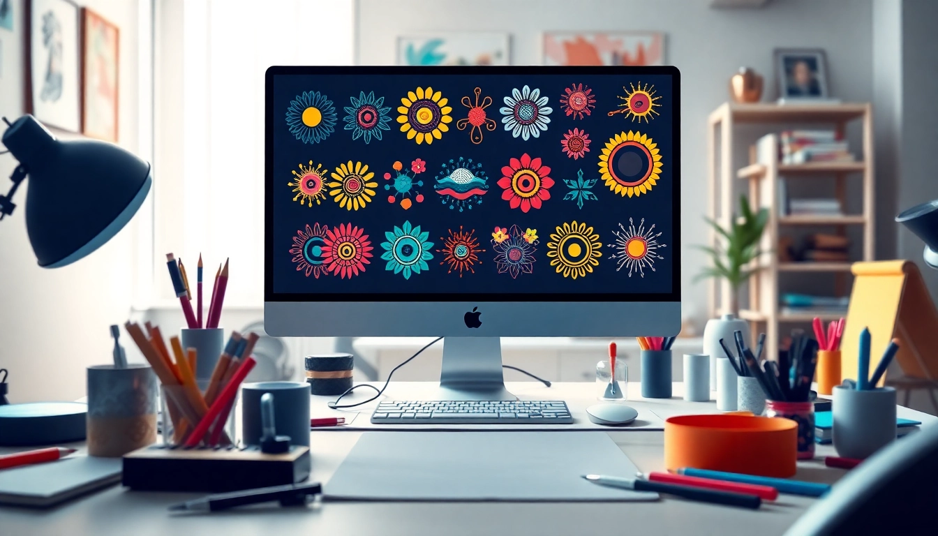 Showcase of vibrant free svg designs displayed in a professional graphic design workspace.