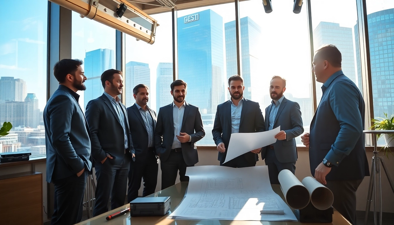 Highlighting professionals at a construction association denver meeting with blueprints and city views.