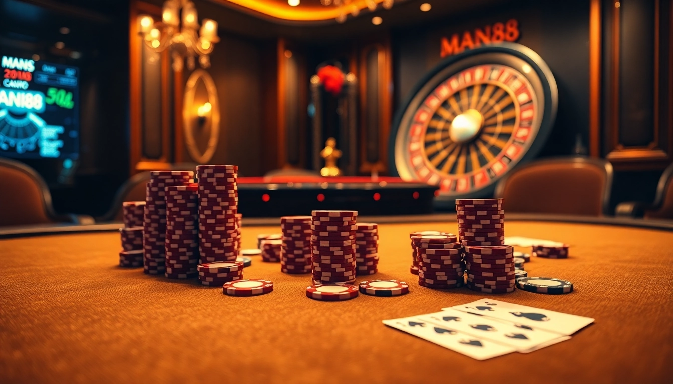 Experience the thrill of Man88's online gambling with vibrant poker chips and a roulette wheel.