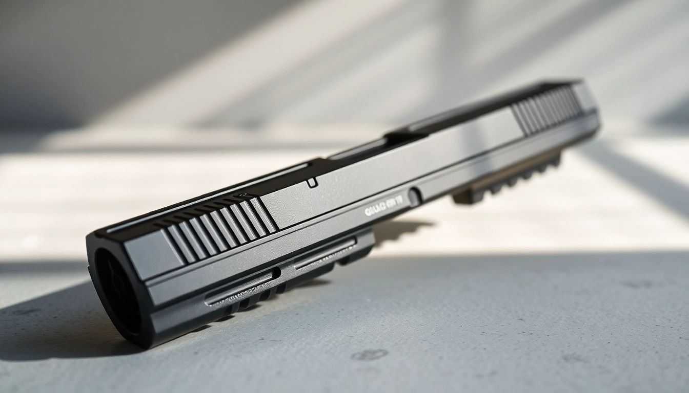 Showcasing a glock 17 slide with detailed craftsmanship and sleek metallic finish.