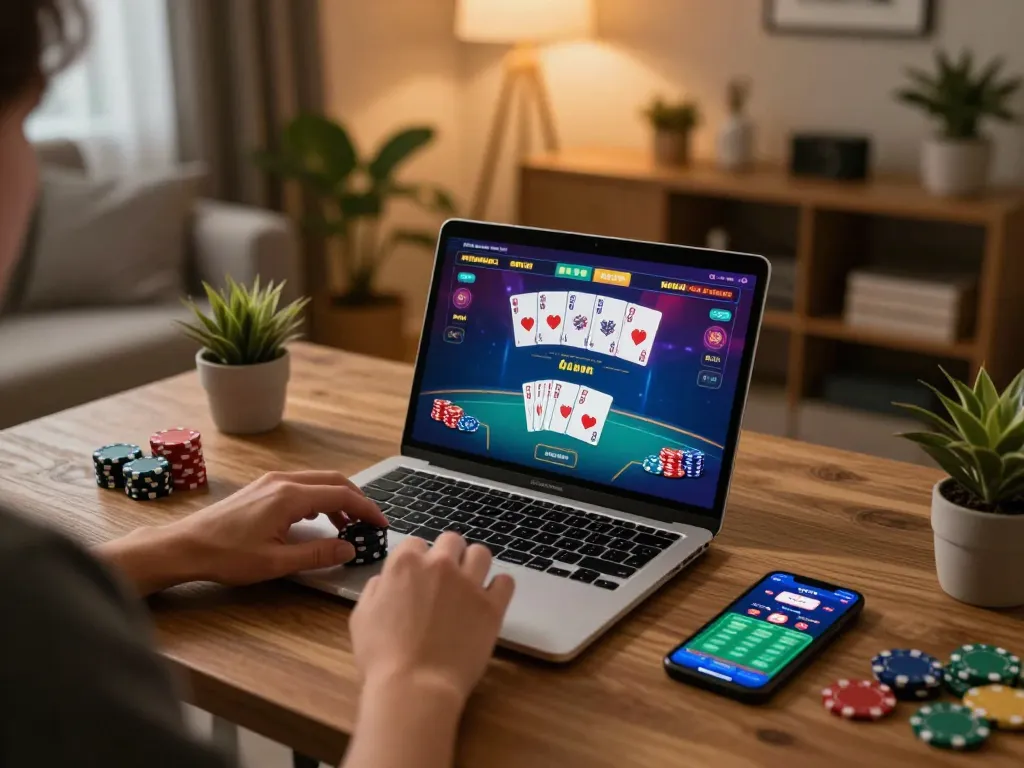 Tại đây players immerse in strategic online poker gameplay on a laptop, showcasing vibrant interface.