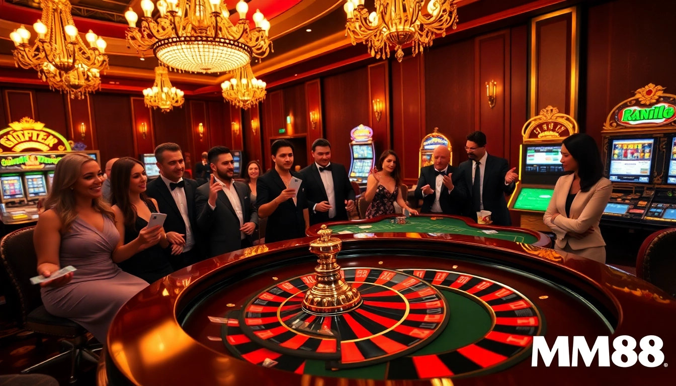 MM88 players celebrating at a luxurious roulette table, showcasing excitement and winning potential.
