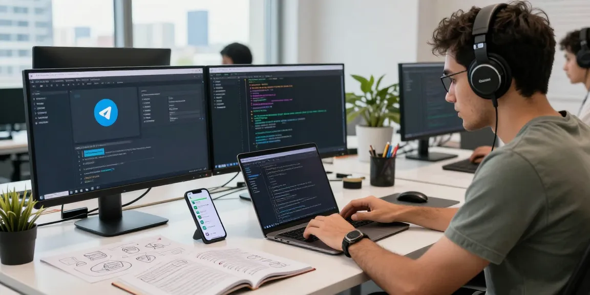 Developer coding the 纸飞机中文版 app in a modern workspace, showcasing tech innovation.