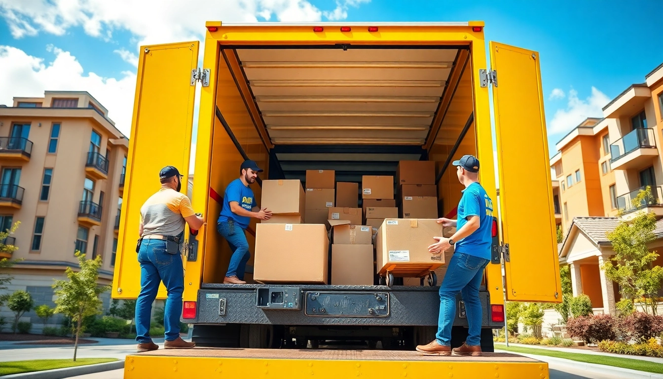 Moving companies calgary professionals loading items onto a bright yellow truck in a sunny environment.