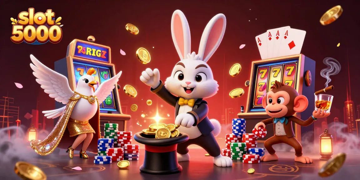 Experience the excitement of slot 5000 with a magician, dove, and monkey in a vibrant casino scene.