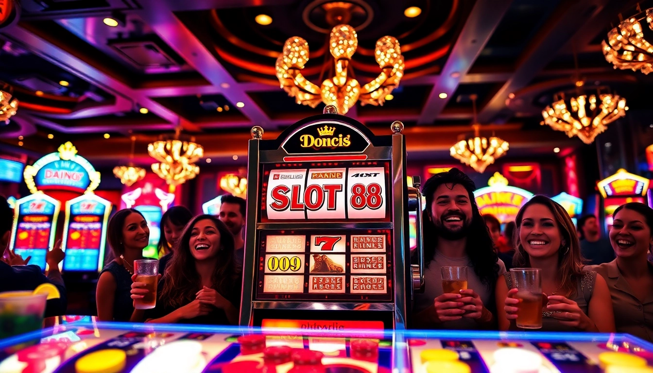 Players engage with an exciting slot88 machine in a vibrant casino setting, showcasing joy and anticipation.