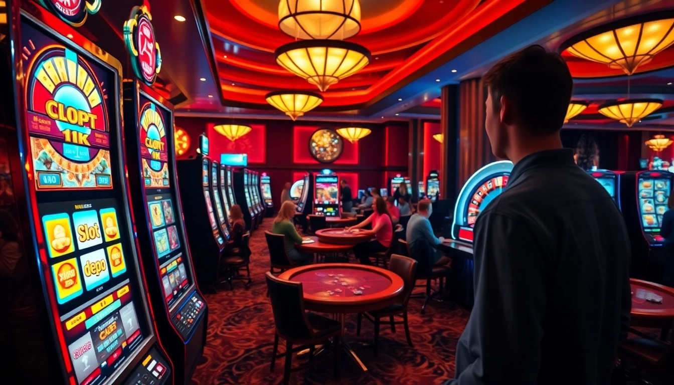 Engaged player interacting with a slot machine featuring slot depo 1k in a vibrant casino setting.