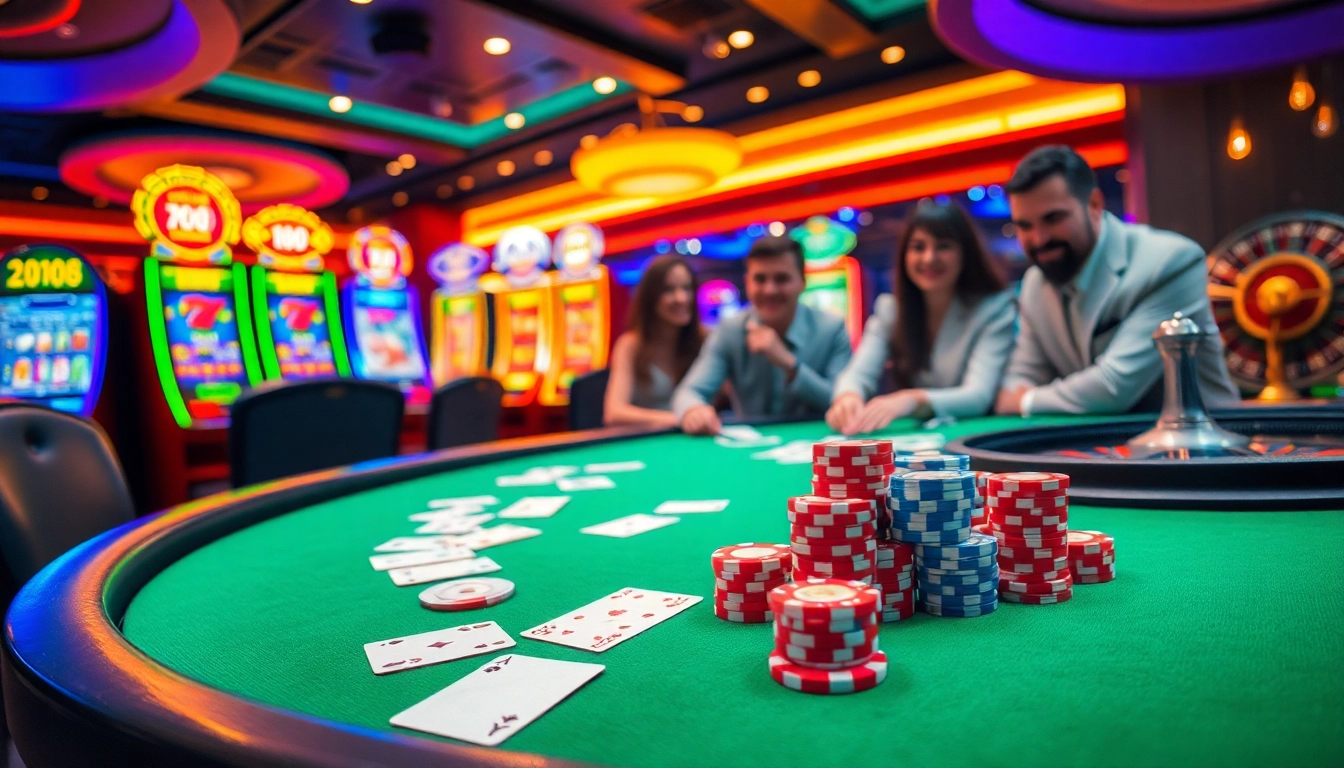 A dynamic casino scene featuring players engaging at a poker table and vibrant 7m slot machines.