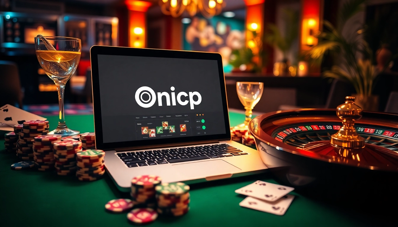 Engaging scene showcasing Onicplay online gambling with poker chips and a roulette wheel.