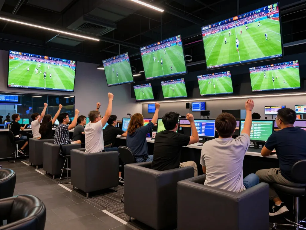 Saba Sports NET88 enthusiasts placing bets in a vibrant sports betting lounge during live matches