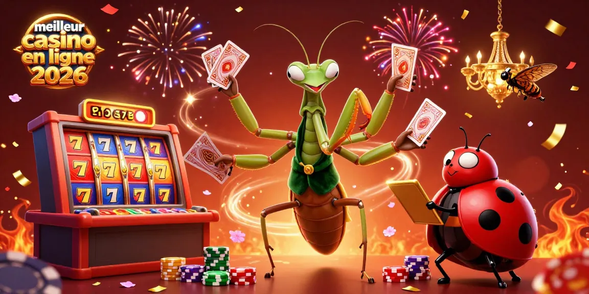 Un géant mante religieuse jouant aux cartes dans un casino, mettant en avant le meilleur casino en ligne 2026.
