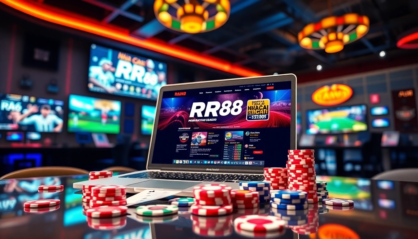 Engaging view of Nhà Cái RR88 website displayed on a laptop in a vibrant gaming environment.