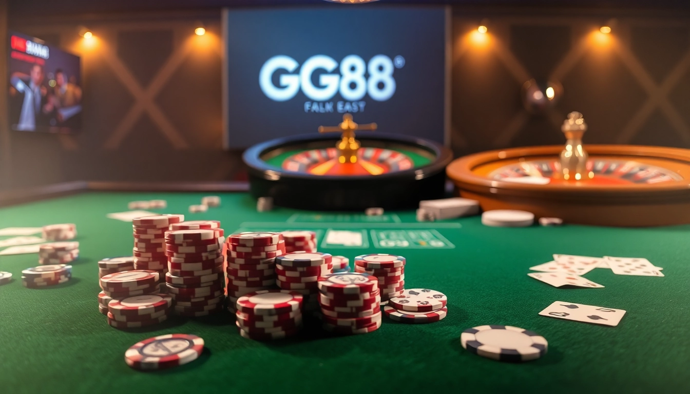 Experience the excitement at GG88 casino with vibrant poker chips and cards in a professional setting.