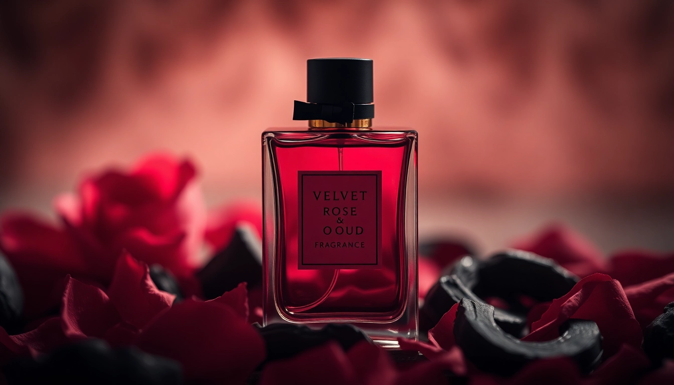 Experience the enchanting Velvet rose & oud fragrance with an exquisite perfume bottle amidst rose petals.