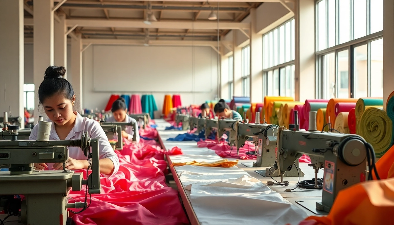 Dynamic scene of skilled workers at apparel manufacturers in China creating skirts.