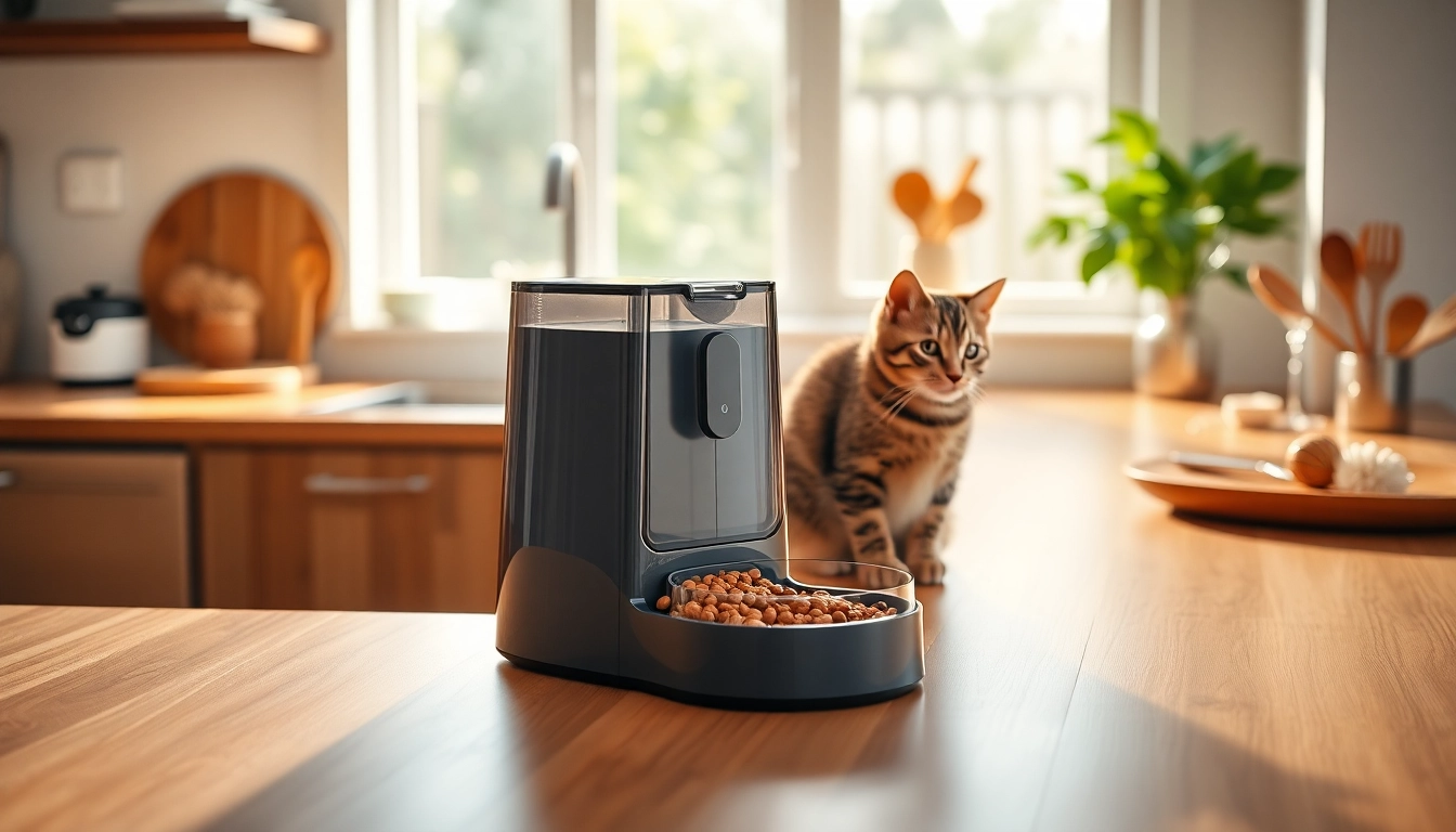 Cat curiously approaches a WOPET automatic pet feeder in a stylish kitchen setting.
