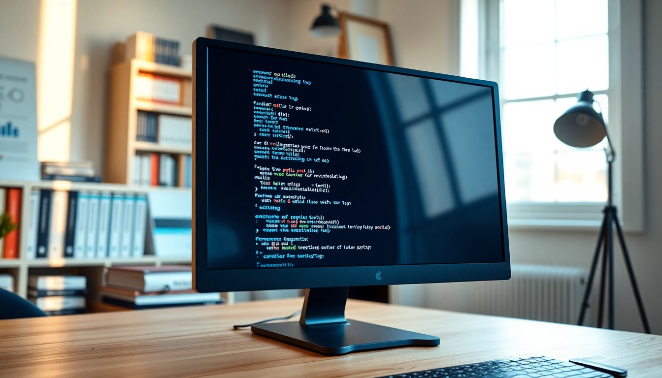 Analyze seo meta tags in a professional web development workspace with a computer screen and books.