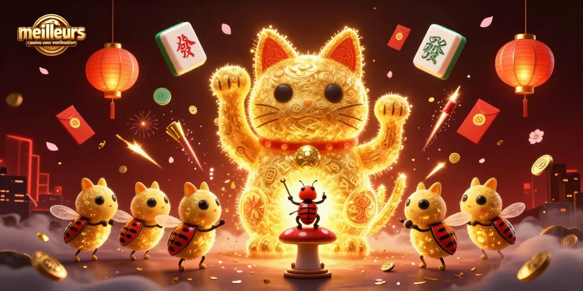 Plongez dans l'univers des meilleurs casinos sans vérification avec un chat porte-bonheur animé et des éléments de jeu captivants.